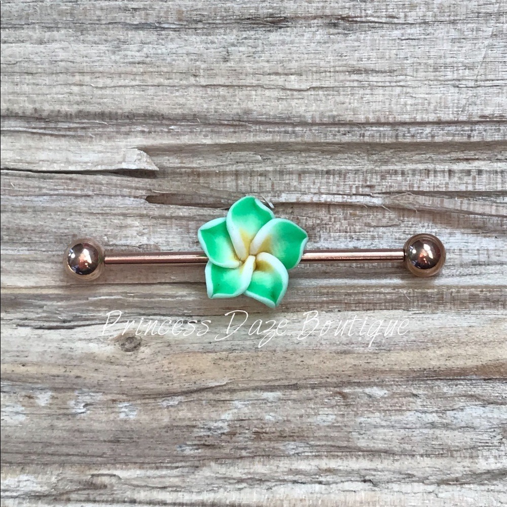 Green‎ Hawaiian Flower Rose Gold Industrial Barbell Earring